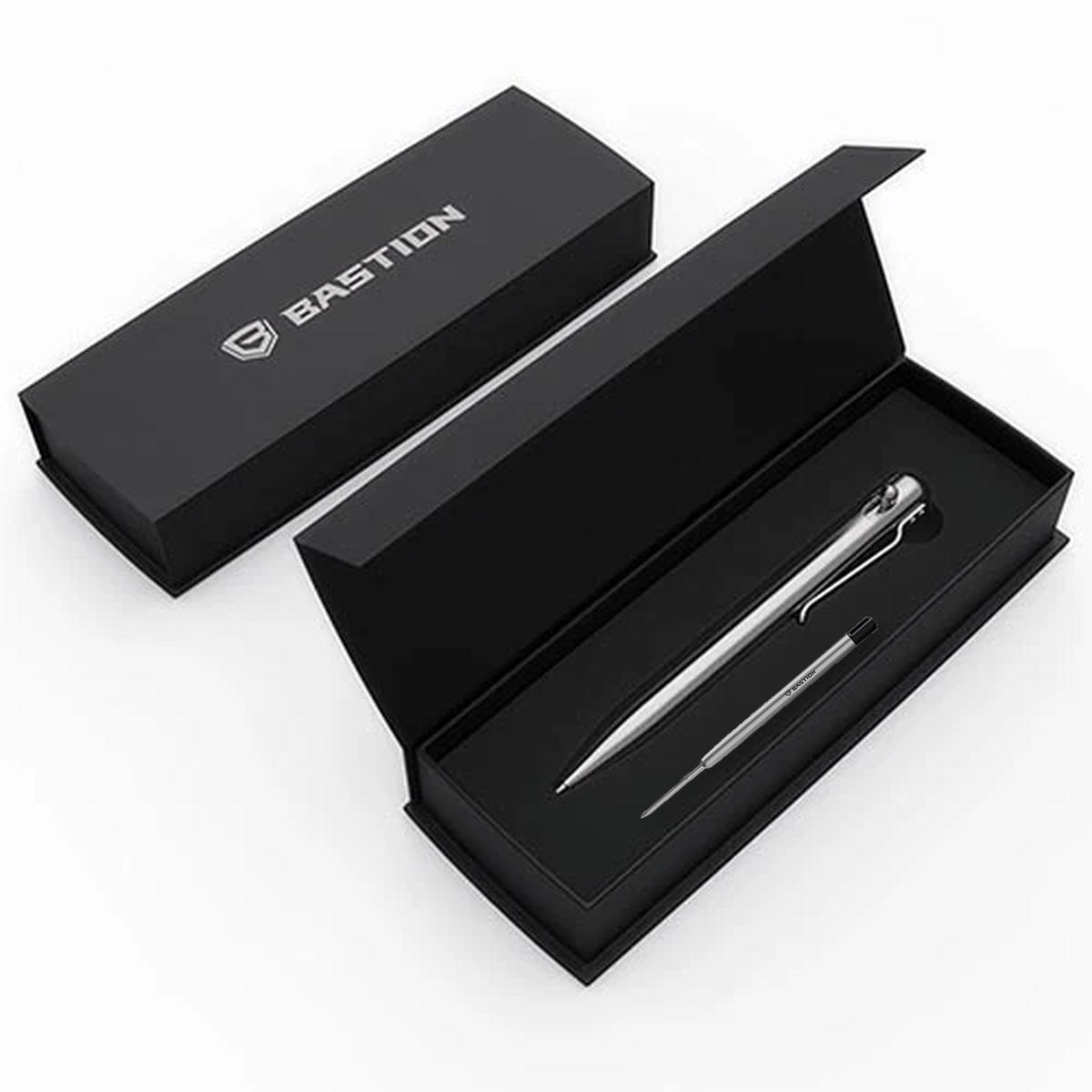 Stainless pen in magnetic gift box with spare refill