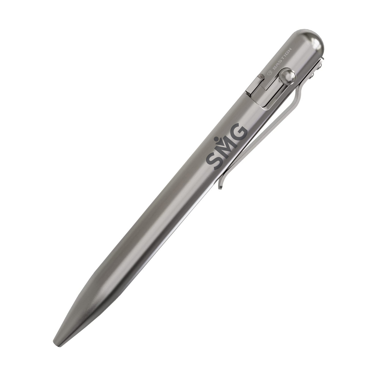 SMG logo laser-engraved on titanium pen